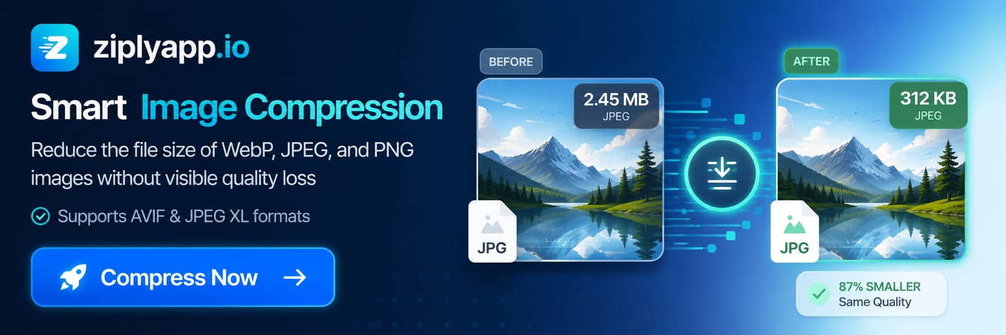 ZiplyApp image compression advertisement showing an illustrative JPEG file-size comparison and modern image-format support.